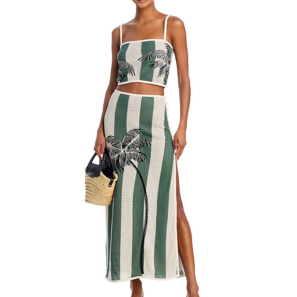 Agua bendita Green and White Striped knit embroidered Two-Piece Set